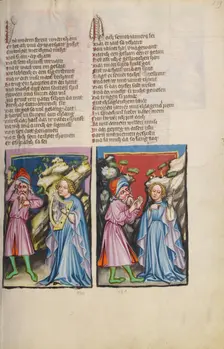 Jephtha's Daughter; Jephtha Telling His Daughter about His Oath; Weltchronik, about 1400-1410. Creator: Unknown