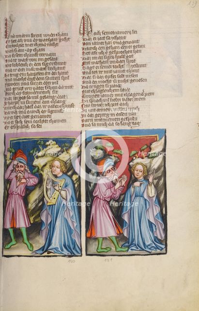 Jephtha's Daughter; Jephtha Telling His Daughter about His Oath; Weltchronik, about 1400-1410. Creator: Unknown.