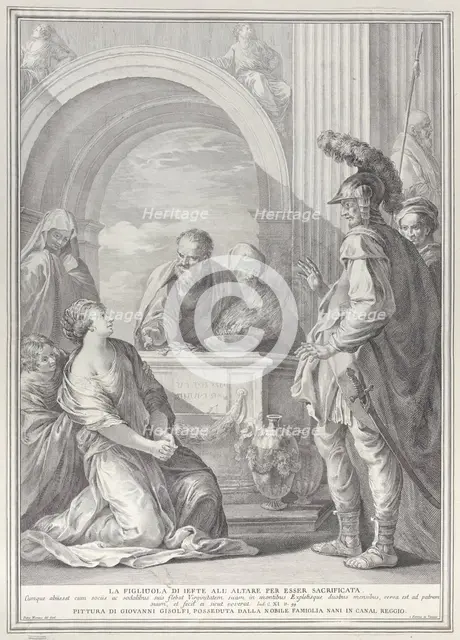 Jephthah's daughter kneeling by the sacrificial altar, with her father standing at righ..., 1730-50. Creator: Pietro Monaco.