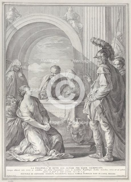 Jephthah's daughter kneeling by the sacrificial altar, with her father standing at righ..., 1730-50. Creator: Pietro Monaco.