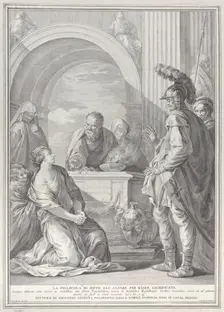 Jephthah's daughter kneeling by the sacrificial altar, with her father standing at righ..., 1730-50. Creator: Pietro Monaco