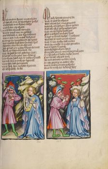 Jephtha's Daughter; Jephtha Telling His Daughter about His Oath; Weltchronik, about 1400-1410. Creator: Unknown