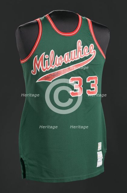 Jersey for the Milwaukee Bucks worn and signed by Kareem Abdul-Jabar, 1973-1975. Creator: Sand-Knit.