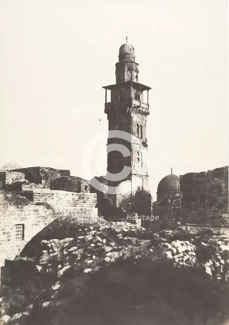 Jérusalem, Enceinte du Temple, Angle Nord-Ouest et minaret élevé en l'an 697 de l'Hégire, 1854. Creator: Auguste Salzmann.
