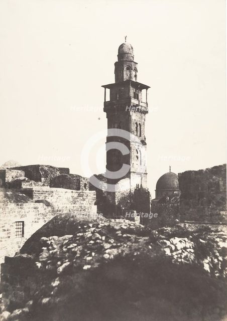 Jérusalem, Enceinte du Temple, Angle Nord-Ouest et minaret élevé en l'an 697 de l'Hégire, 1854. Creator: Auguste Salzmann.