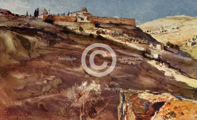 'Jerusalem. - South Wall of the Temple Area, from the Valley of Hinnom, at Sunset', 1902. Creator: John Fulleylove.
