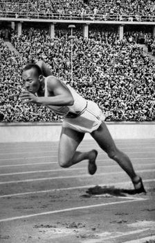 Jesse Owens at the start of the 200 metres at the Berlin Olympic Games, 1936