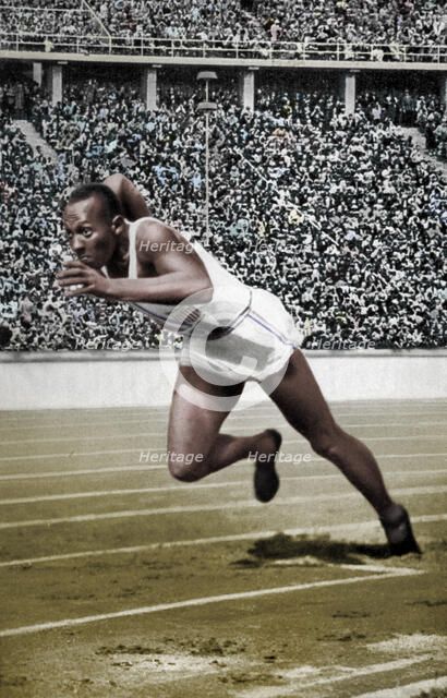 Jesse Owens at the start of the 200 metres at the Berlin Olympic Games, 1936. Artist: Unknown.