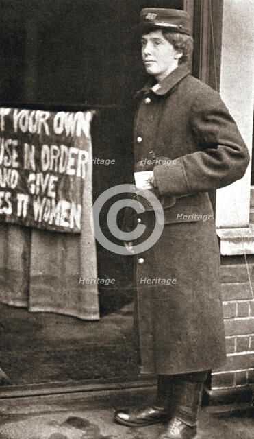 Jessie Kenney, British suffragette, dressed as a telegraph boy, 10 December 1909. Artist: Unknown