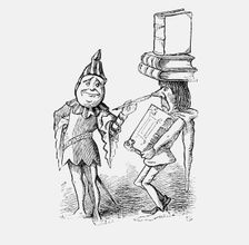 Jester tickling a man carrying books, 1867. Creator: Unknown