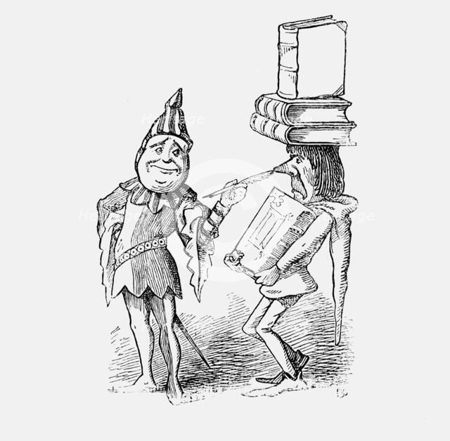 Jester tickling a man carrying books, 1867. Artist: Unknown