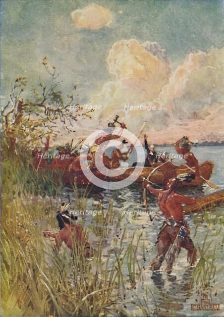 'Jesuit Priest and Converts Attacked By Indians', 1916. Artist: Henry Sandham.