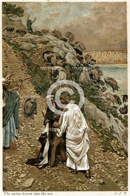 Jesus casting devils out of a kneeling man, c1890. Artist: Unknown