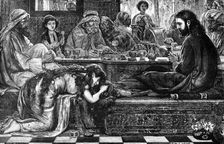 Jesus at the House of the Pharisee, from the picture by F. W. Lawson, 1881. Creator: William James Palmer