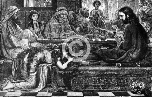 Jesus at the House of the Pharisee, from the picture by F. W. Lawson, 1881. Creator: William James Palmer.