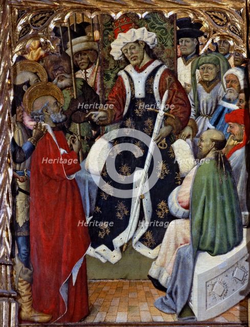  'Jesus before Pilate', table of the altarpiece of San Pedro de Pubol. Panel painting from the pa…