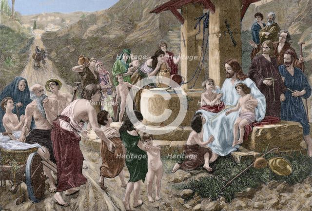 Jesus blessing the children, Gospel of Mark, Chapter X, late 19th century. Creator: Theodor Knesing.