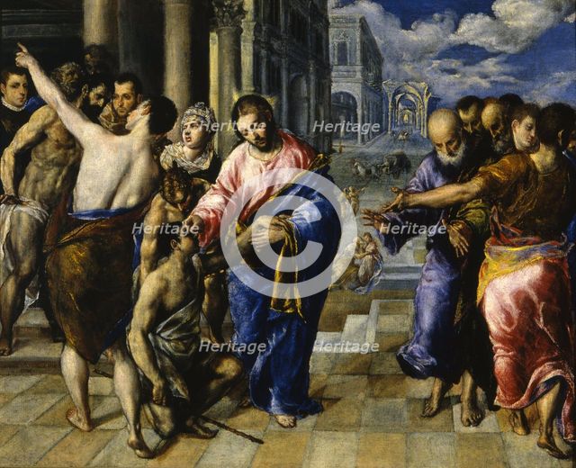 Jesus healing the blind man, c. 1573. Artist: El Greco, Dominico (1541-1614)