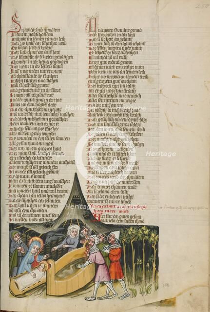 Jesus Healing the Wounds of the Robbed Merchants; Weltchronik, about 1400-1410. Creator: Unknown.