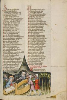 Jesus Healing the Wounds of the Robbed Merchants; Weltchronik, about 1400-1410. Creator: Unknown