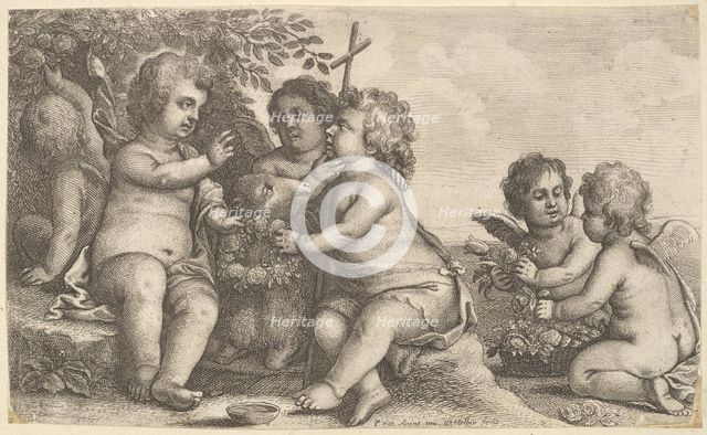 Jesus, St. John the Baptist and four cherubs, 1625-77. Creator: Wenceslaus Hollar.