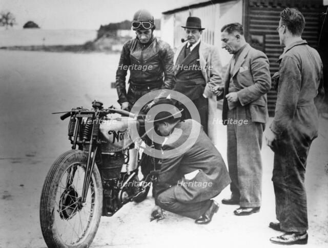Jimmy Guthrie riding a Norton, (1930s?). Artist: Unknown