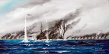 Jutland. Battle Cruisers Engaging German Navy, 1916. Creator: John Gibb Glendinning