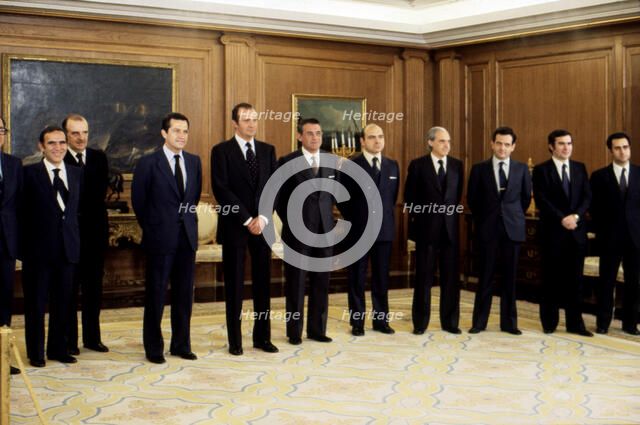 Juan Carlos I. (1938 -), King of Spain, at the Zarzuela Palace with the 4th government of Preside…