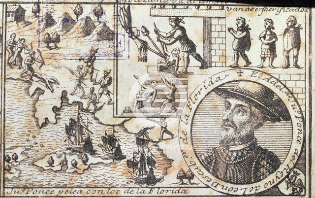  'Juan Ponce fights with the Florida people' and 'they are going to be killed', engraving from 17…