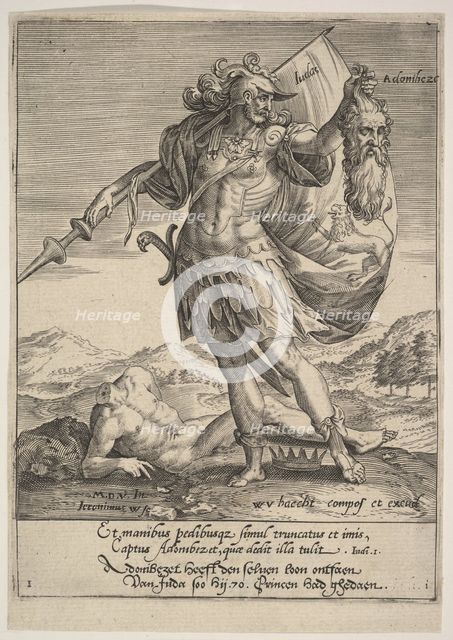 Judah with the Head of Adonibezek, from Willem van Haecht, Tyrannorum proemia, 1578, 1578. Creator: Hieronymous Wierix.