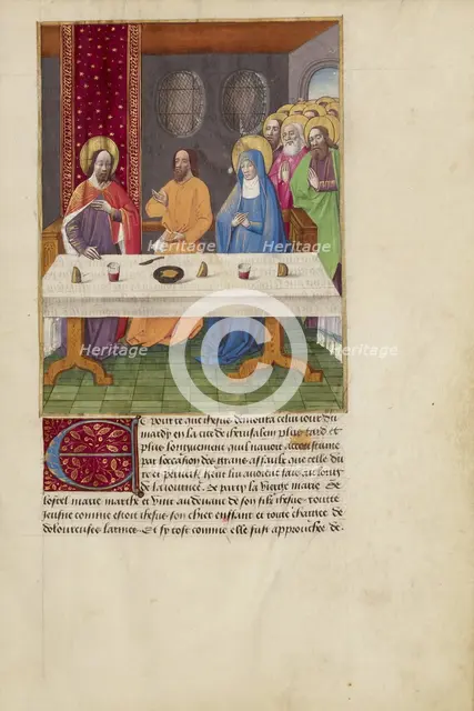 Judas Seated at a Table between Christ and the Virgin, about 1480-1490. Creators: Master of Guillaume Lambert, Workshop of Master of Guillaume Lambert.