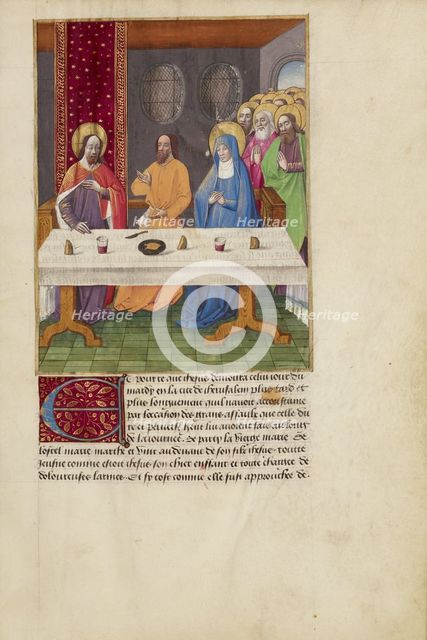 Judas Seated at a Table between Christ and the Virgin, about 1480-1490. Creators: Master of Guillaume Lambert, Workshop of Master of Guillaume Lambert.