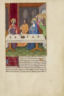 Judas Seated at a Table between Christ and the Virgin, about 1480-1490. Creators: Master of Guillaume Lambert, Workshop of Master of Guillaume Lambert