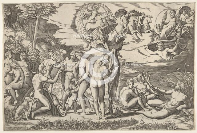 Judgment of Paris: Paris extends his hand toward Venus, who stands between Juno and..., ca. 1520-50. Creator: Marcantonio Raimondi.