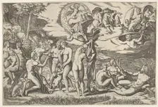 Judgment of Paris: Paris extends his hand toward Venus, who stands between Juno and..., ca. 1520-50. Creator: Marcantonio Raimondi