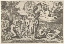 Judgment of Paris: Paris extends his hand toward Venus, who stands between Juno and..., ca. 1520-50. Creator: Marcantonio Raimondi