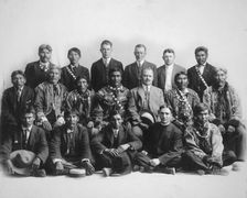 Judge James Wickersham in council with Indian chiefs, between 1900 and 1907. Creator: Unknown