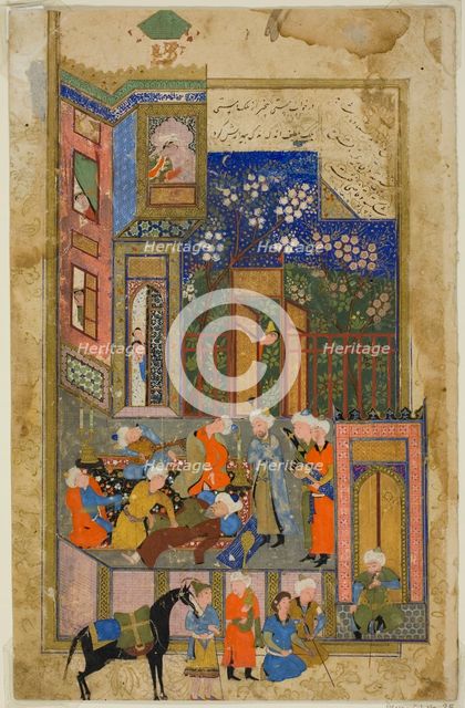 Judge (Qazi) of Hamadan in a Drunken State, a scene from the Gulistan of Sa'di, about 1550. Creator: Unknown.