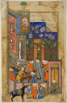 Judge (Qazi) of Hamadan in a Drunken State, a scene from the Gulistan of Sa'di, about 1550. Creator: Unknown