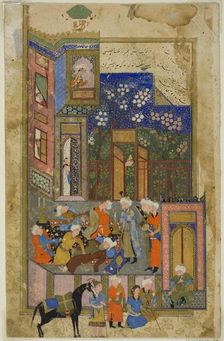 Judge (Qazi) of Hamadan in a Drunken State, a scene from the Gulistan of Sa'di, about 1550. Creator: Unknown