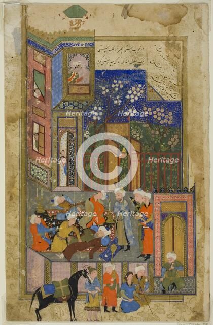 Judge (Qazi) of Hamadan in a Drunken State, a scene from the Gulistan of Sa'di, about 1550. Creator: Unknown.