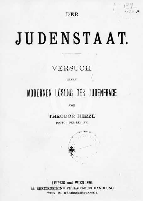 'Judenstaat' ('The Jewish State') by Theodore Herzl, published 1896. Creator: Theodor Herzl.