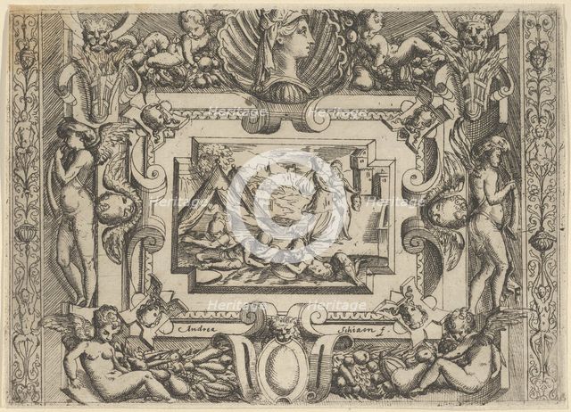 Judith and maidservant with the head of Holofernes, set within an elaborate frame, c..., ca 1540-80. Creator: Battista del Moro.