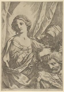 Judith grasping the head of Holofernes by the hair and looking to the left, an old wo..., 1600-1640. Creator: Giovanni Andrea Sirani