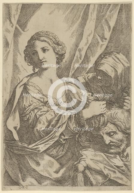 Judith grasping the head of Holofernes by the hair and looking to the left, an old wo..., 1600-1640. Creator: Giovanni Andrea Sirani.