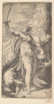 Judith her sword raised in her right hand, placing the head of Holofernes in the sa..., ca. 1542-45. Creator: Andrea Schiavone