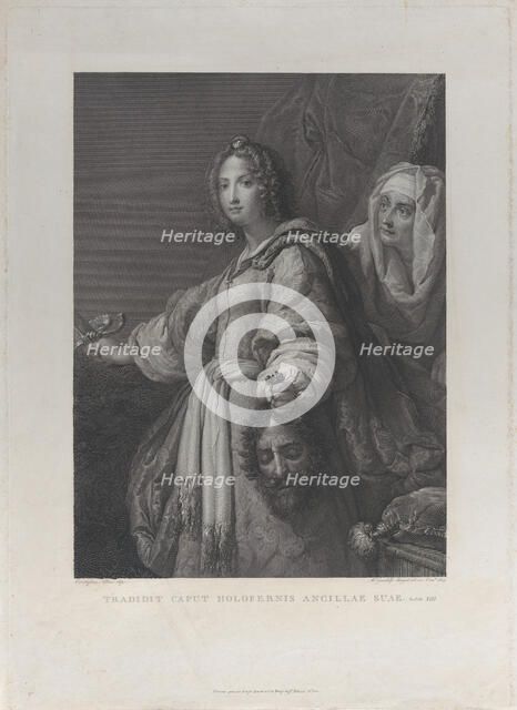 Judith holding the head of Holofernes and a sword, her maid behind her at right, 1819. Creator: Mauro Gandolfi.