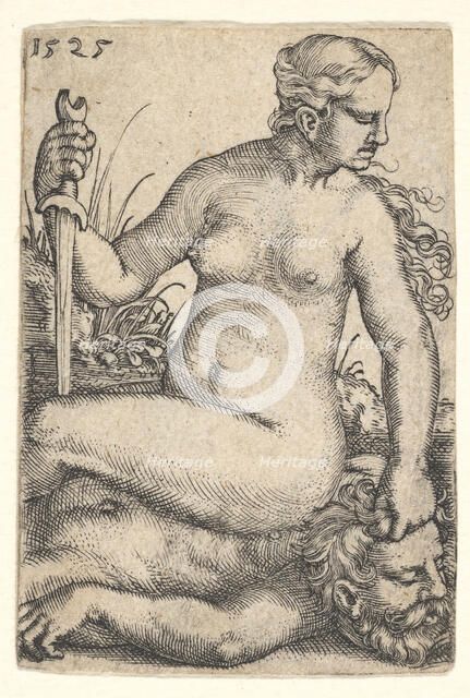 Judith, looking towards the right, seated nude atop the dead body of Holofernes, with a sw..., 1525. Creator: Barthel Beham.