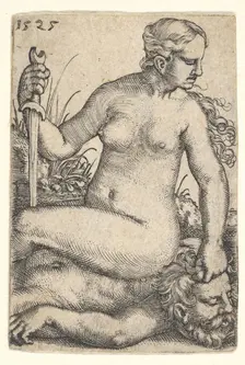 Judith, looking towards the right, seated nude atop the dead body of Holofernes, with a sw..., 1525. Creator: Barthel Beham