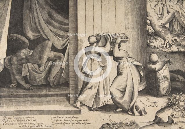 Judith passing the head of Holofernes to her maidservant, the decapitated Holofernes in..., 1531-76. Creator: Giulio Bonasone.